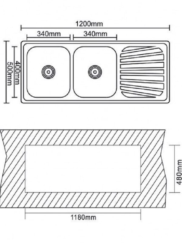 Кухненска мивка алпака Inter Ceramic ICK 12050SSR, 120x50 см, две корита, десен отцедник, хром гланц