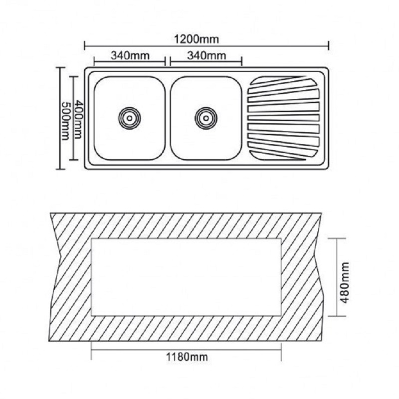 Кухненска мивка алпака Inter Ceramic ICK 12050SSR, 120x50 см, две корита, десен отцедник, хром гланц