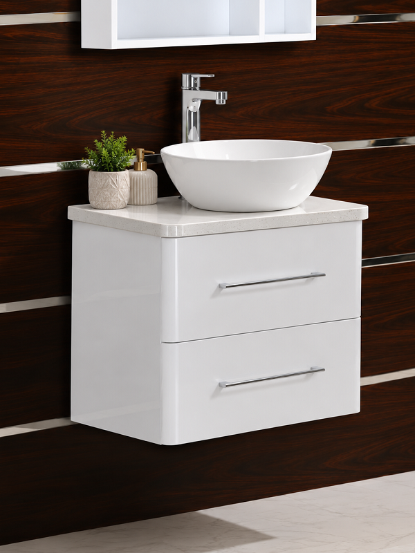 Бял PVC шкаф за баня ICP 604555 с плот, две чекмеджета и умивалник тип купа